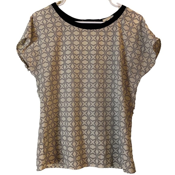 Pleione Geometric Black Cream Blouse V hole Button Back Closure Size S - Picture 1 of 5